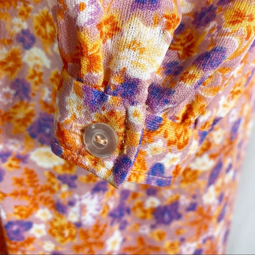 Vintage 70s Floral Wide Collar Long Sleeve Dress Lg